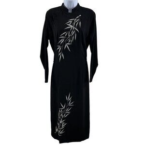 Handmade Silk Maxi S-M Black Mandarin Collar Long Sleeve Bamboo Leaf Embroidered